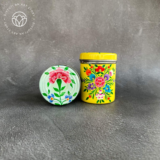 Yellow and Sky Blue Kashmiri Handpainted Cannisters - Set of Two