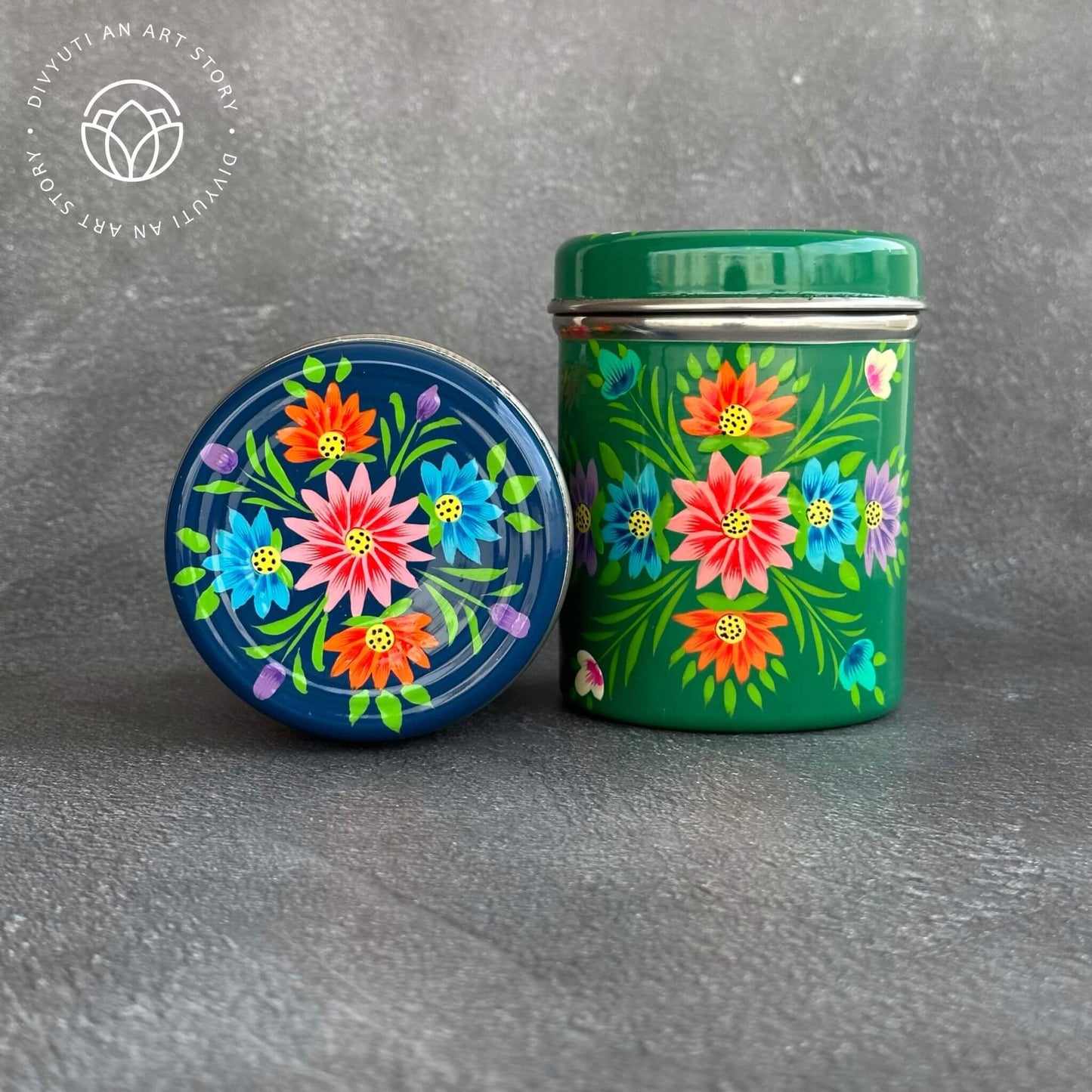 Blue and Green Kashmiri Handpainted Cannisters - Set of Two