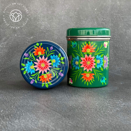 Blue and Green Kashmiri Handpainted Cannisters - Set of Two