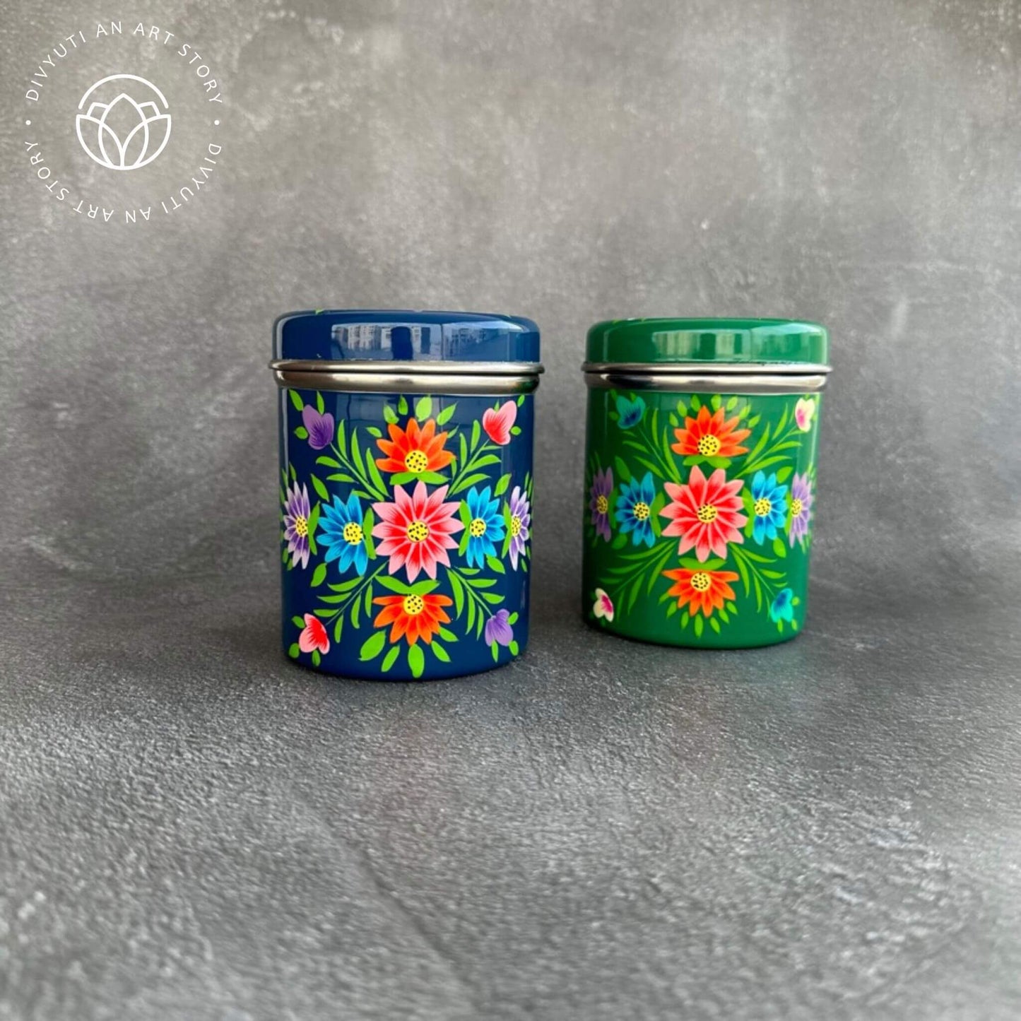 Blue and Green Kashmiri Handpainted Cannisters - Set of Two