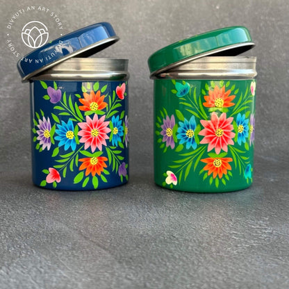 Blue and Green Kashmiri Handpainted Cannisters - Set of Two