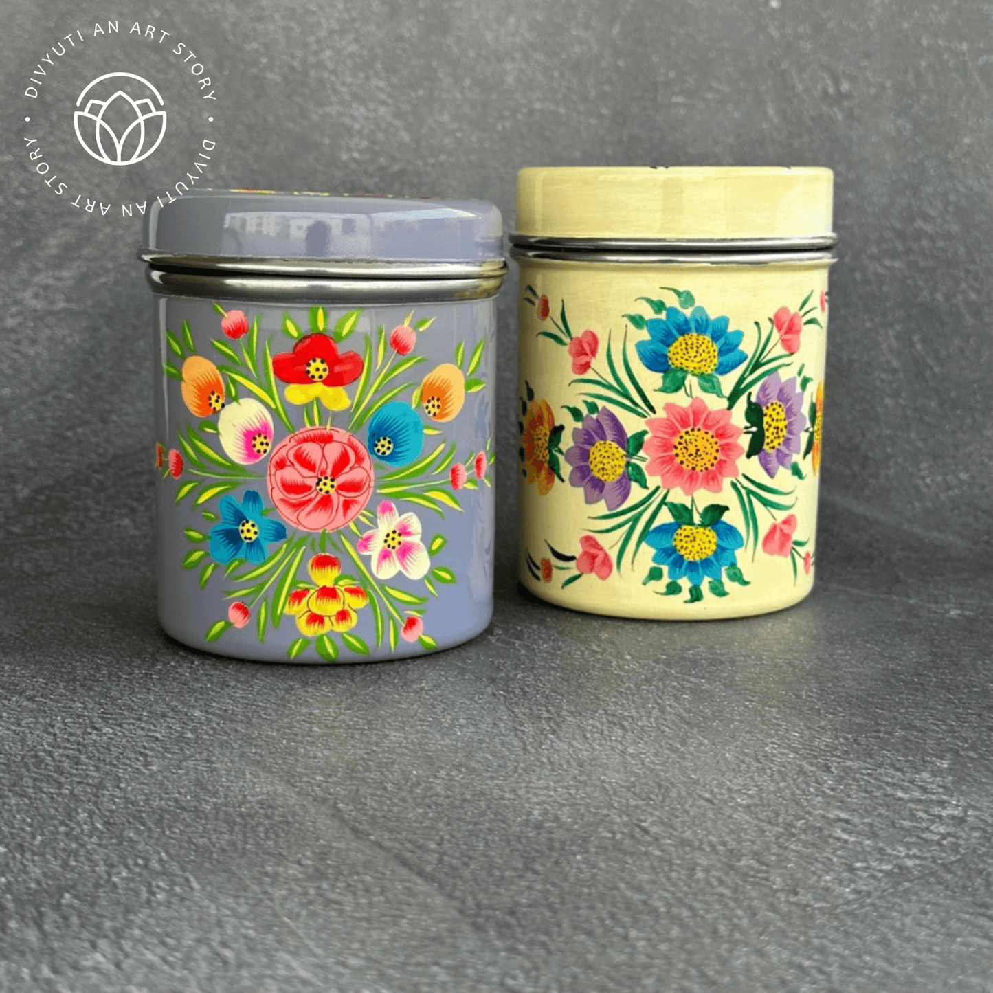 Lavender and Off-White Kashmiri Handpainted Cannisters - Set of Two