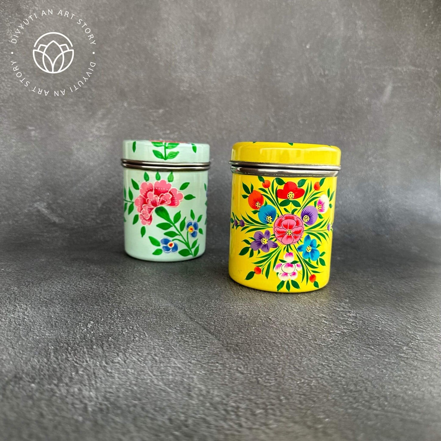 Yellow and Sky Blue Kashmiri Handpainted Cannisters - Set of Two