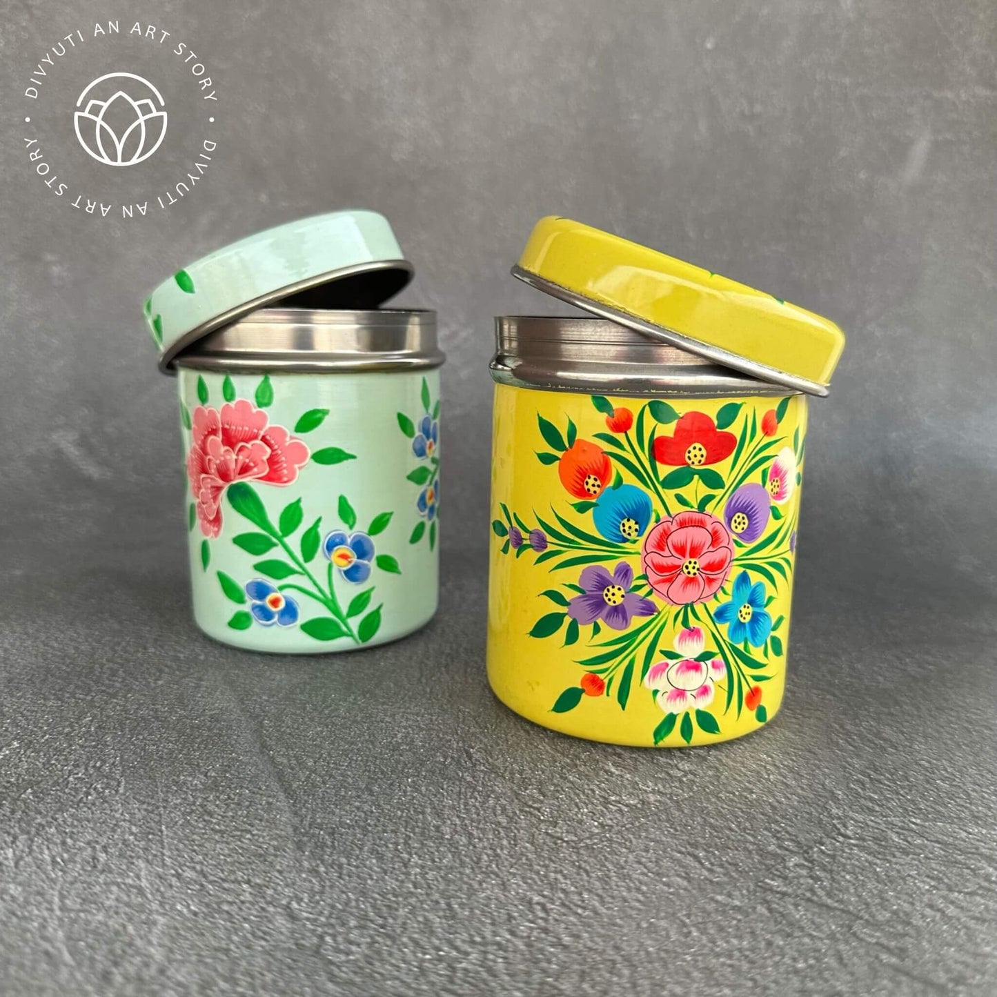 Yellow and Sky Blue Kashmiri Handpainted Cannisters - Set of Two